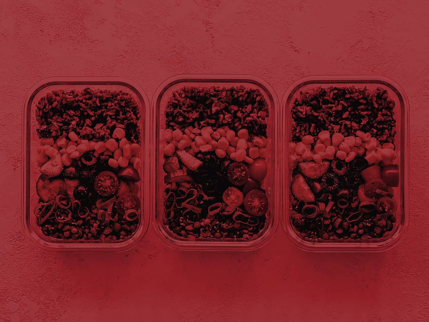 Three prepared meal boxes seen from above