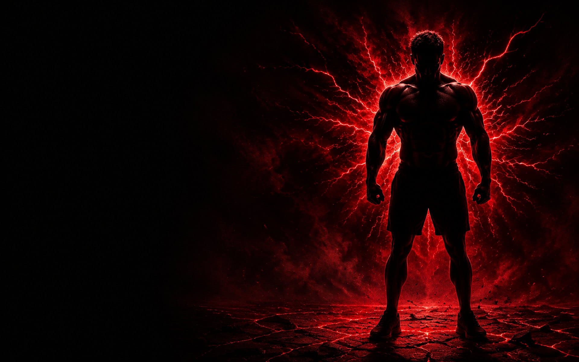 Silhouette of a muscular athlete standing in an explosion of red lightning